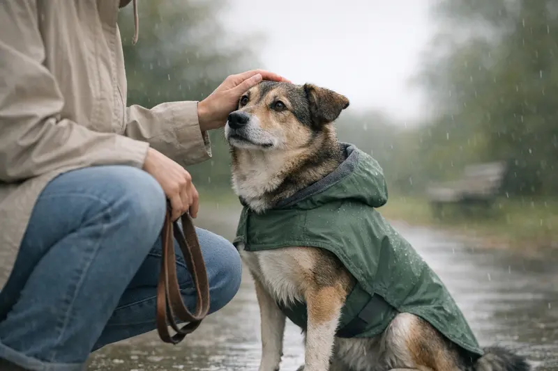 Ein Hund im leichten Regen trägt einen passenden Mantel und genießt den Spaziergang in einer ruhigen Umgebung.