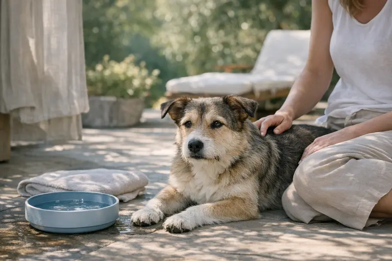 Ein entspannter Hund sitzt im Schatten neben einer Kühlmöglichkeit und genießt die Sommerbrise.