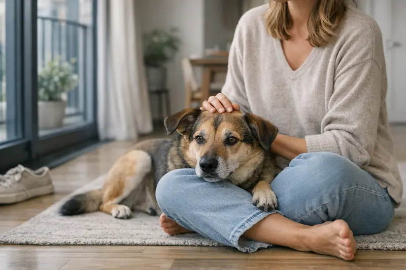 Ein entspannter Hund sitzt in einem ruhigen Flur eines Mehrfamilienhauses.