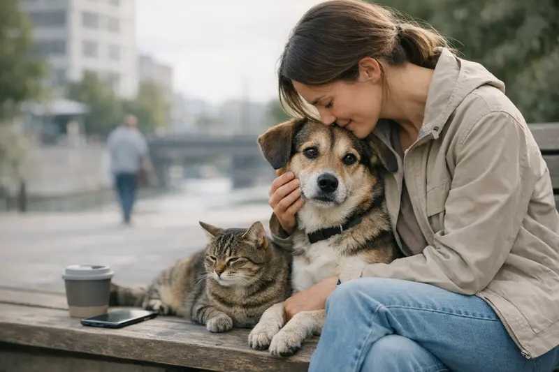 Ein Hund und eine Katze genießen gemeinsam einen Ausflug im Freien.