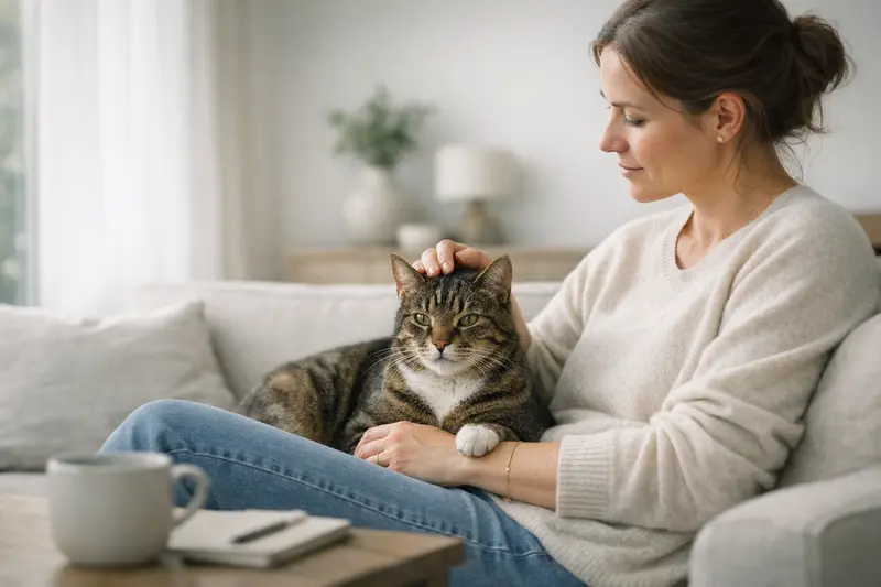 Eine Katze entspannt in einem heimischen Raum und strahlt Nähe und Verantwortung aus.