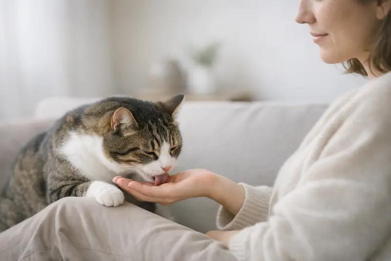 Eine Katze leckt zärtlich die Hand eines Menschen in einer ruhigen und vertrauensvollen Umgebung.