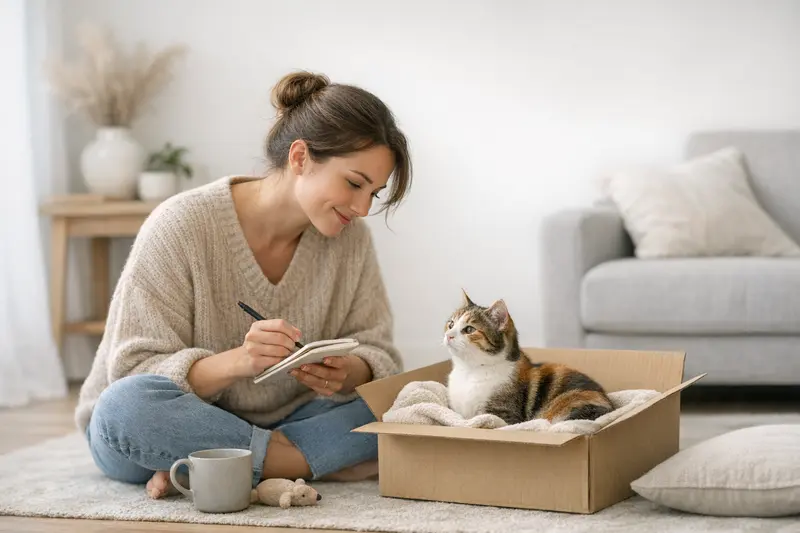 Eine Kätzin erkundet neugierig ihr neues Zuhause in einem gemütlichen Wohnumfeld.