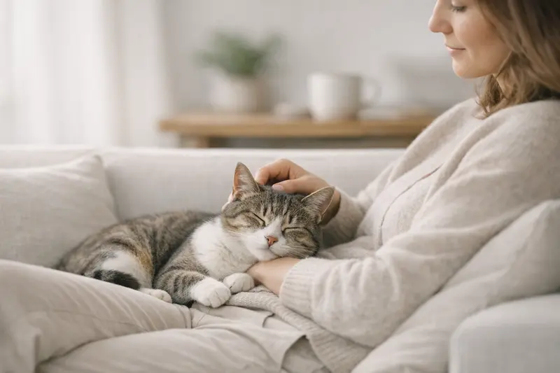 Ruhige, moderne Aufnahme einer Katze auf einer neutralen Unterlage, die Vertrauen und Seriosität ausstrahlt.