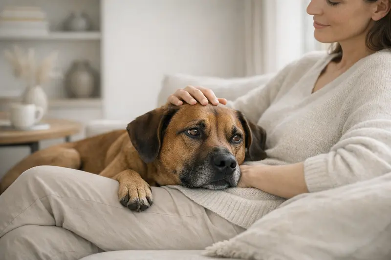 Ein Rhodesian Ridgeback entspannt in einer hochwertigen Alltagsszene und strahlt Ruhe und Gelassenheit aus.