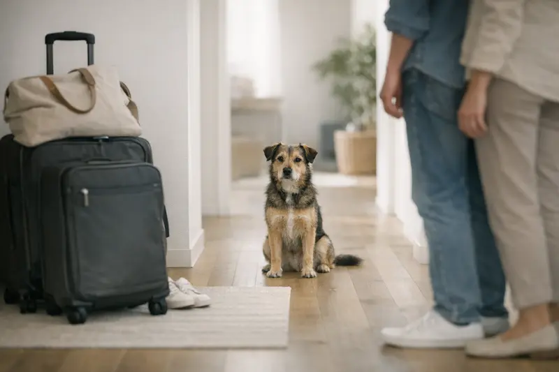 Eine Katze sitzt im Flur, während ein Koffer im Hintergrund steht und die Rückkehrsituation darstellt.
