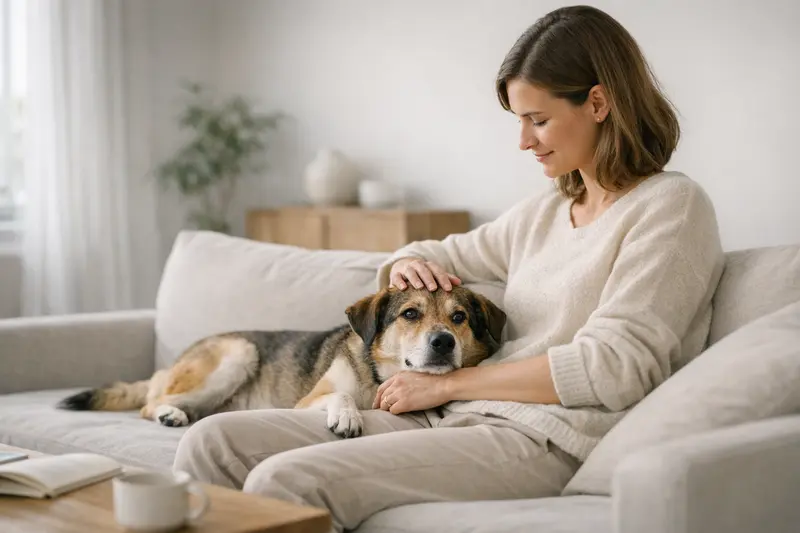 In einer stilvoll eingerichteten Wohnung sitzt eine entspannte Katze auf einem gemütlichen Sofa und genießt die ruhige Umgebung.