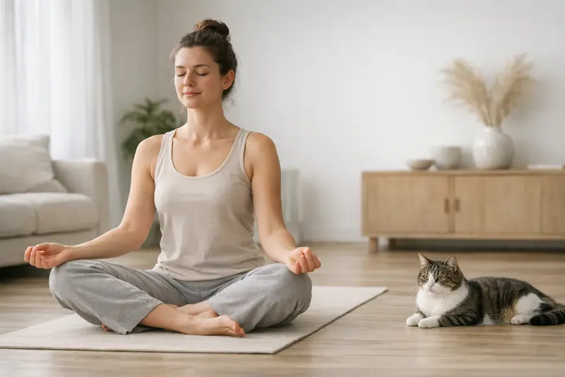 Entspannte Yoga-Szene zu Hause mit Katze in der Nähe auf einer Yogamatte.