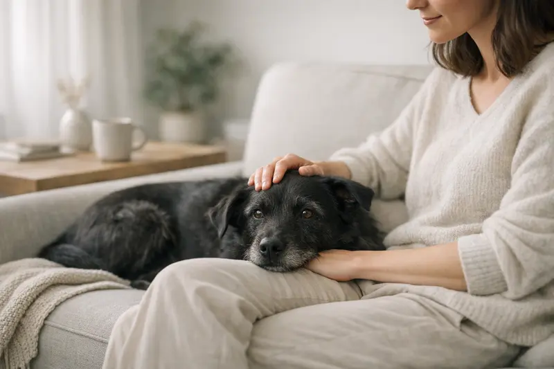 Ein schwarzer Hund entspannt in einem neutralen Alltagsszenario und strahlt Ruhe aus.