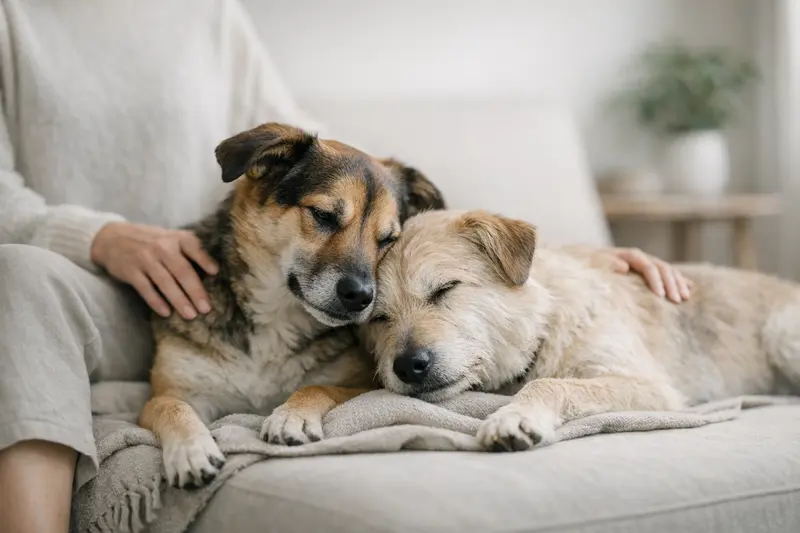 Zwei Hunde interagieren friedlich im Alltag und zeigen ein harmonisches Teamgefühl.