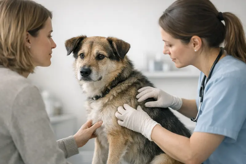 Ein ruhiger Hund wird beim Tierarzt untersucht, während ein Knoten an seiner Haut überprüft wird.