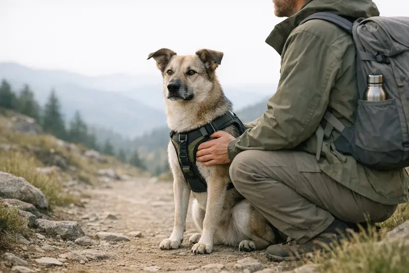 Ein entspannter Hund mit Geschirr auf einem Wanderweg, der die Ruhe der Natur genießt.