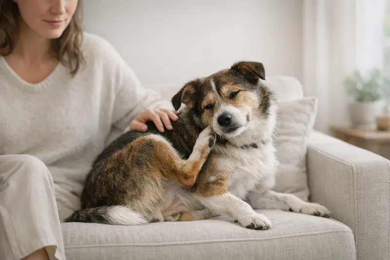 Ein Hund kratzt sich, ein Anzeichen für mögliche Hautprobleme oder Allergien.