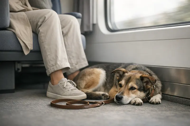 Ein ruhiger Hund sitzt entspannt neben seinem Halter im Zugbereich und zeigt Sicherheit.