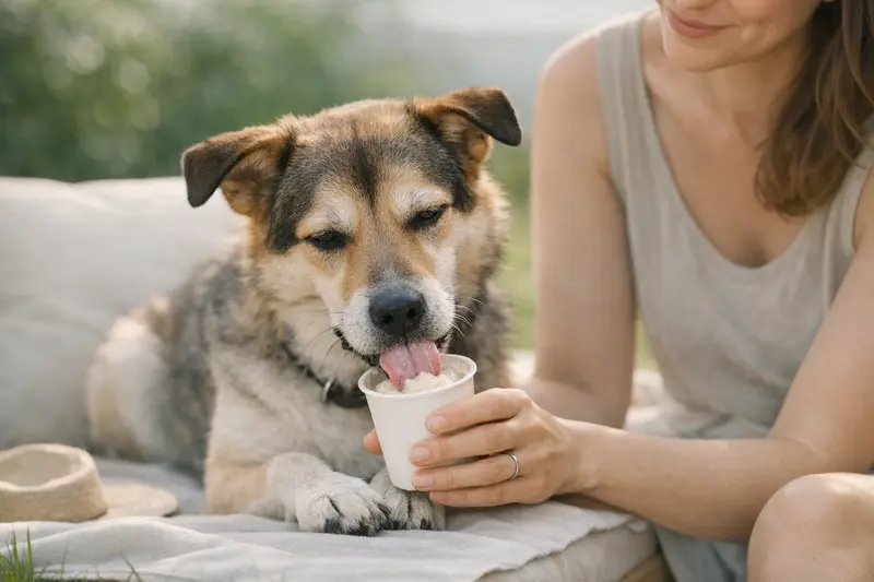 Ein Hund genießt kontrolliert Hundeeis aus einem Joghurtbecher an einem sonnigen Sommertag.