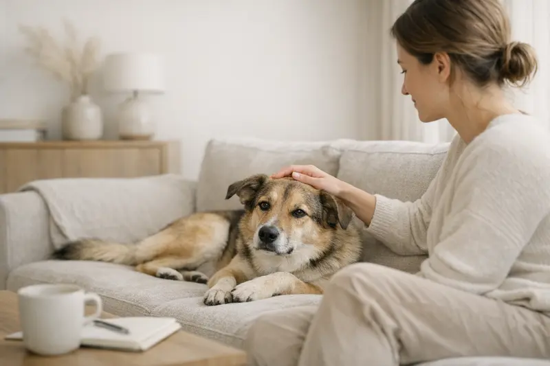 Ein entspannter Hund liegt in einem gemütlichen Wohnumfeld und strahlt Gelassenheit aus.
