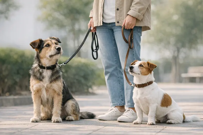 Zwei unterschiedlich gebaute Hunde in ruhiger Trainingssituation mit Leine.
