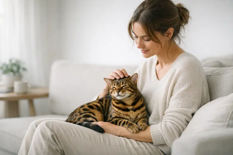 Aktive, exotisch gemusterte Katze in einer gemütlichen Wohnung, die Spielzeug erkundet.