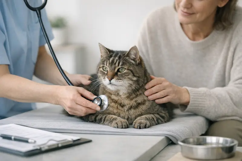 Eine ältere Katze sitzt entspannt in einem ruhigen Raum und zeigt ihre Gesundheit.