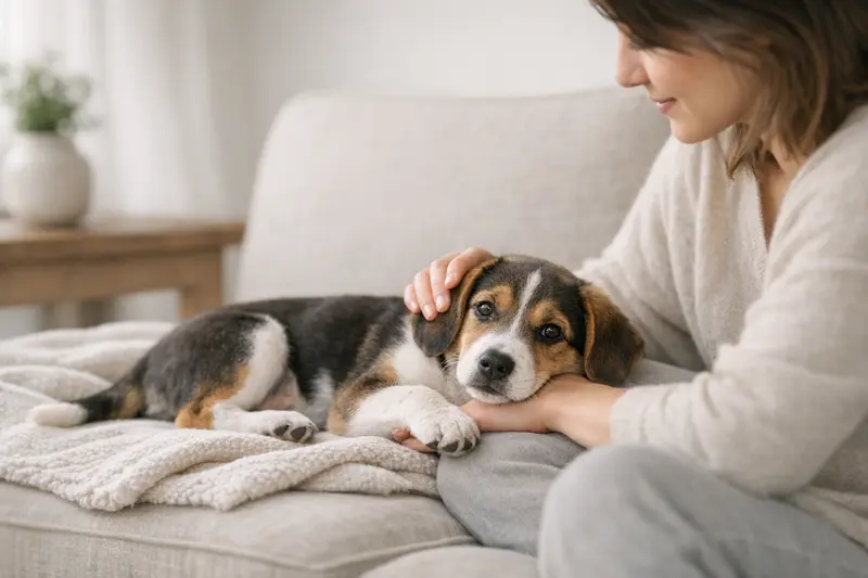 Ein Beagle-Welpe kuschelt sich geborgen in sein sicheres Zuhause und strahlt Vertrauen aus.