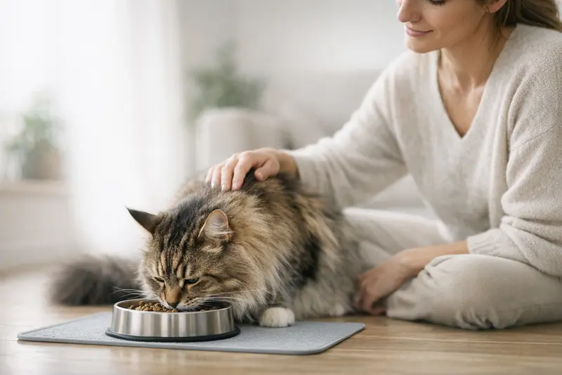 Eine Maine Coon Katze frisst in Ruhe aus ihrem Futternapf auf einer eleganten Unterlage.