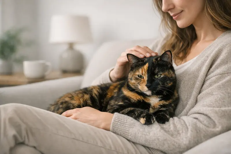 Eine Schildpatt-Katze mit auffälligen rot-schwarzen Fellmuster vor neutralem Hintergrund.