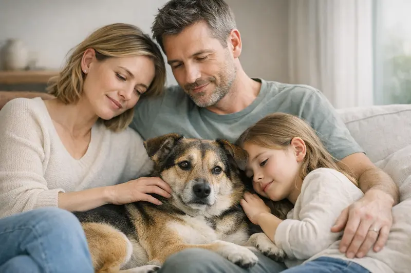 Eine Familie mit einem Hund in einer entspannten Alltagssituation im Wohnzimmer.