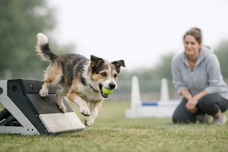 Ein grau-weißer Hund springt über eine Hürde in einer Flyball-Szene.