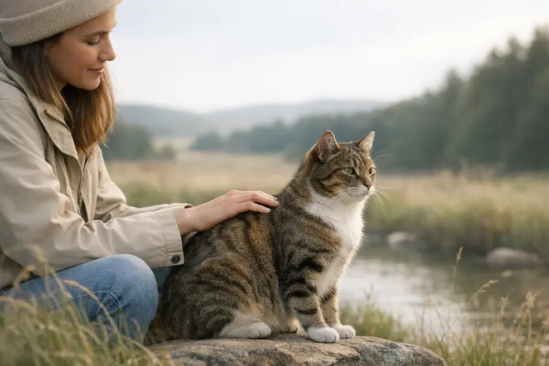Eine gesunde Freigängerkatze erkundet eine grüne Wiese und zeigt ihre aktive Lebensweise.