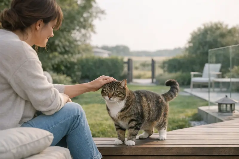 Eine Freigänger-Katze genießt ihre sichere Umgebung auf der Terrasse.
