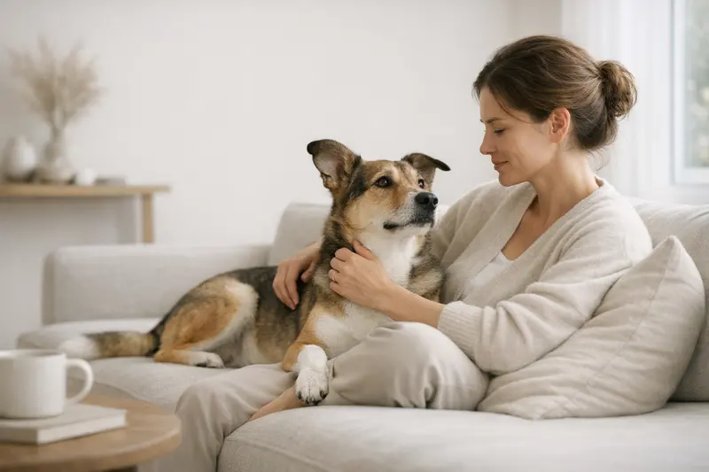 Ein gepflegter Hund entspannt in einem sauberen Wohnraum.