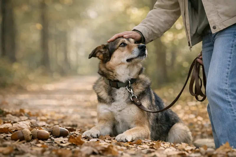 Ein glücklicher Hund, der im Herbst durch einen Park mit Eicheln am Boden läuft.