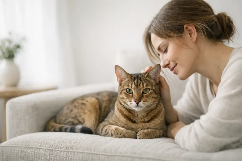 Eine exotisch wirkende Katze auf einem ruhigen Untergrund, die anmutig in die Kamera blickt.