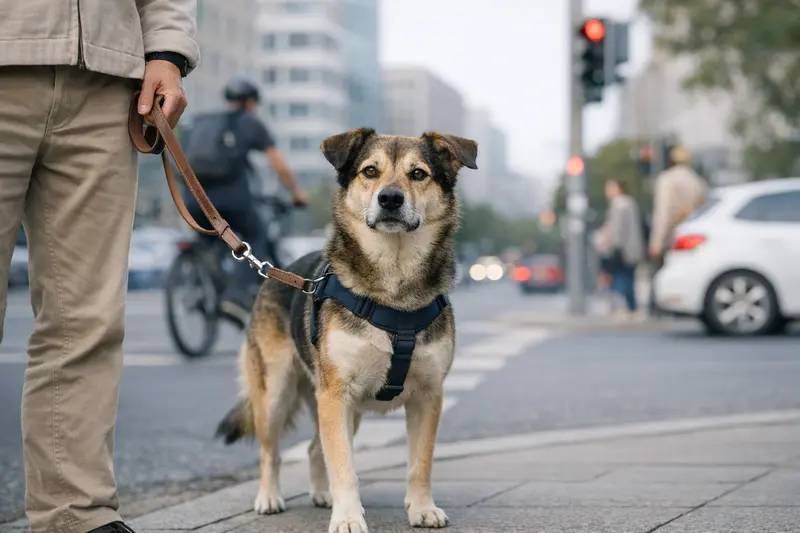 Ein Hund an der Leine in einer belebten Stadtstraße, die Verkehrssituation symbolisierend.