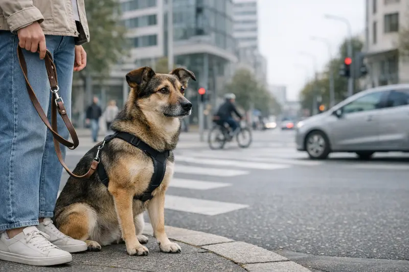 Ein Hund an der Führleine in einer belebten Stadtstraße, der sicher mit seinem Halter spazieren geht.