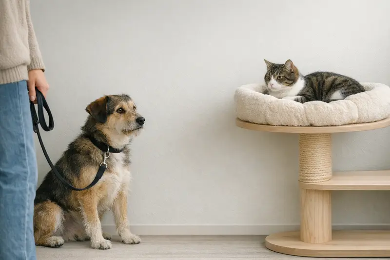 Ein Hund an der Leine und eine Katze auf einem erhöhten Rückzugsplatz zeigen harmonische Sicherheitsvorkehrungen bei der ersten Begegnung.