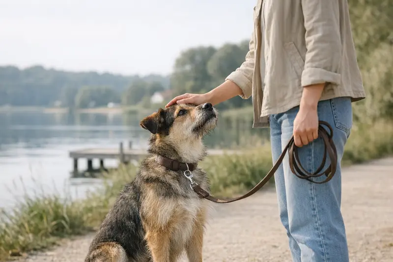Ein freundlicher Hund an der Leine in einem ruhigen Park, der mit seinem Halter spazieren geht.
