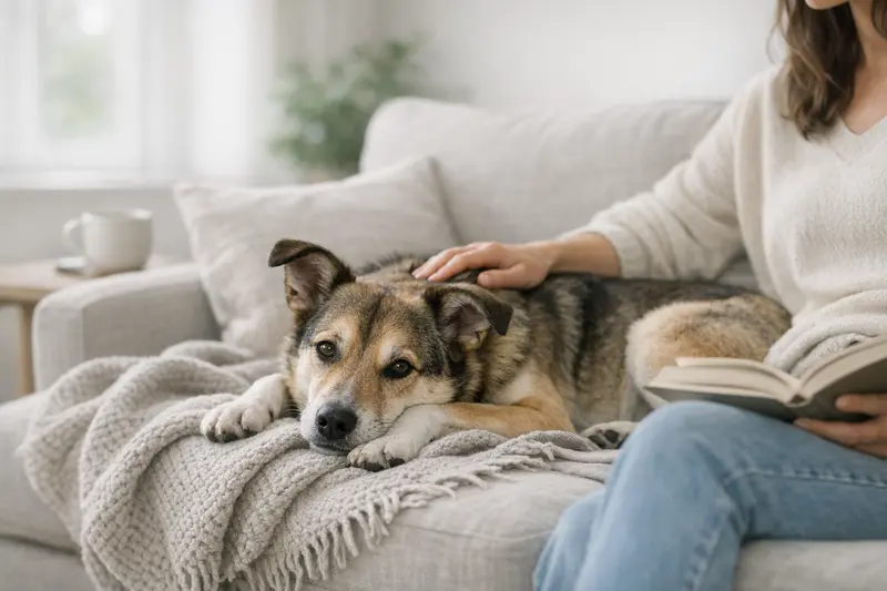 Ein entspannter Hund liegt auf einem Sofa in einem modernen, sauberen Wohnraum und vermittelt Alltagstauglichkeit.