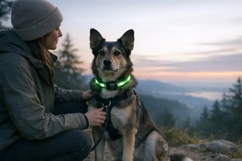 Ein Hund trägt ein Leuchthalsband und erkundet die Natur bei Dämmerung, umgeben von einem sichtbaren Sicherheits-Setup.