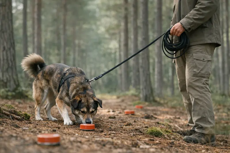 Ein konzentrierter Hund führt kontrollierte Nasenarbeit im Wald durch und zeigt dabei seine Fähigkeiten im Leinenmanagement.