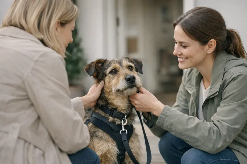 Ein vertrauensvoller Hund wird von einem Tierarzt in einer professionellen Übergabesituation aufgenommen.