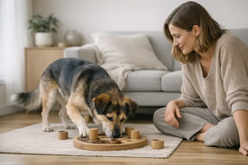 Ein Hund denkt nach und schnüffelt während eines ruhigen Spiels drinnen in einer kleinen Wohnung.