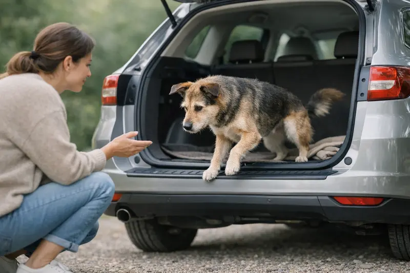 Ein Hund springt fröhlich in ein Auto, was auf die tierische Mobilität hinweist.