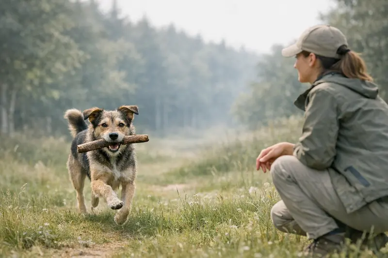 Ein aktiver Hund apportiert im natürlichen Gelände, umgeben von Wiese und Wald.