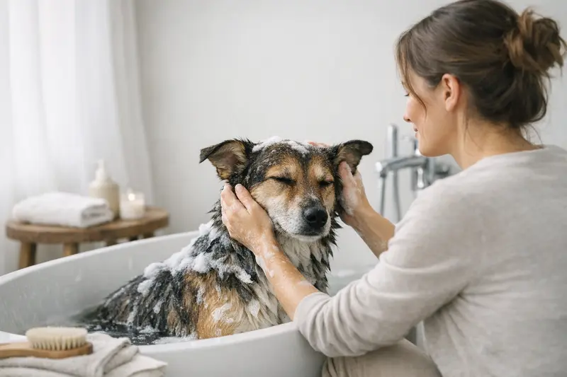 Ein entspannter Hund genießt ein Bad, das für seine Hygiene und sein Wohlbefinden sorgt.