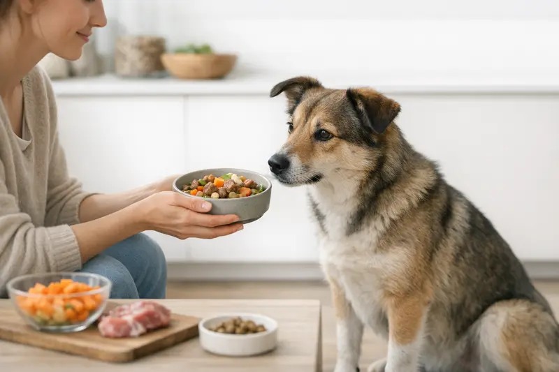 Ein glücklicher Hund wird vor einer Schüssel gefüttert, was die Bedeutung der richtigen Ernährung für die Gesundheit betont.