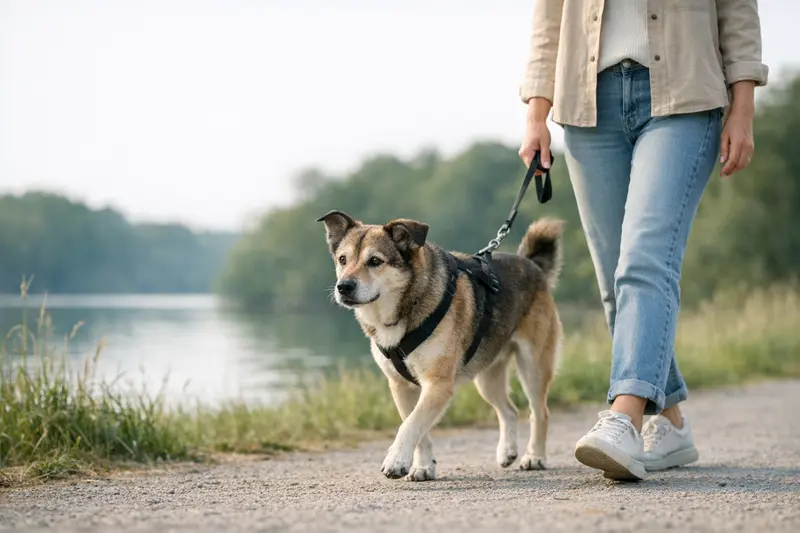 Ein beweglicher Hund im Park während eines ruhigen Spaziergangs.