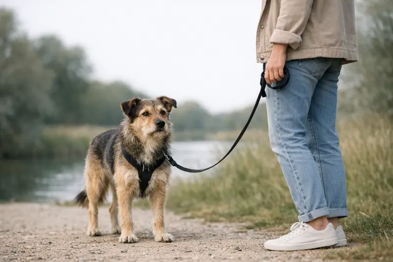 Ein Hund bleibt beim Spaziergang stehen, um die Umgebung zu erkunden.