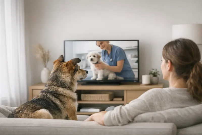 Ein Hund sitzt ruhig und aufmerksam vor einem Fernseher in einer gemütlichen Wohnsituation.