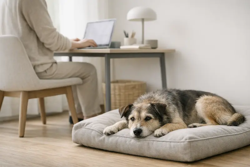 Ein entspannter Hund liegt neben einem Schreibtisch und vermittelt Ruhe und Struktur.